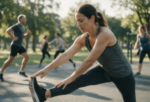 Mulher realizando alongamento antes do exercício em um parque.