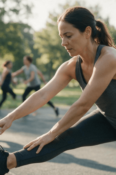 Mulher realizando alongamento antes do exercício em um parque.