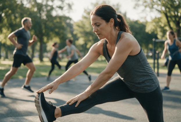 Mulher realizando alongamento antes do exercício em um parque.