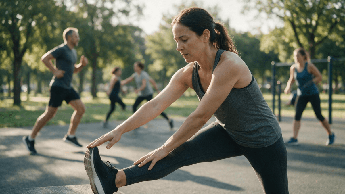 Mulher realizando alongamento antes do exercício em um parque.