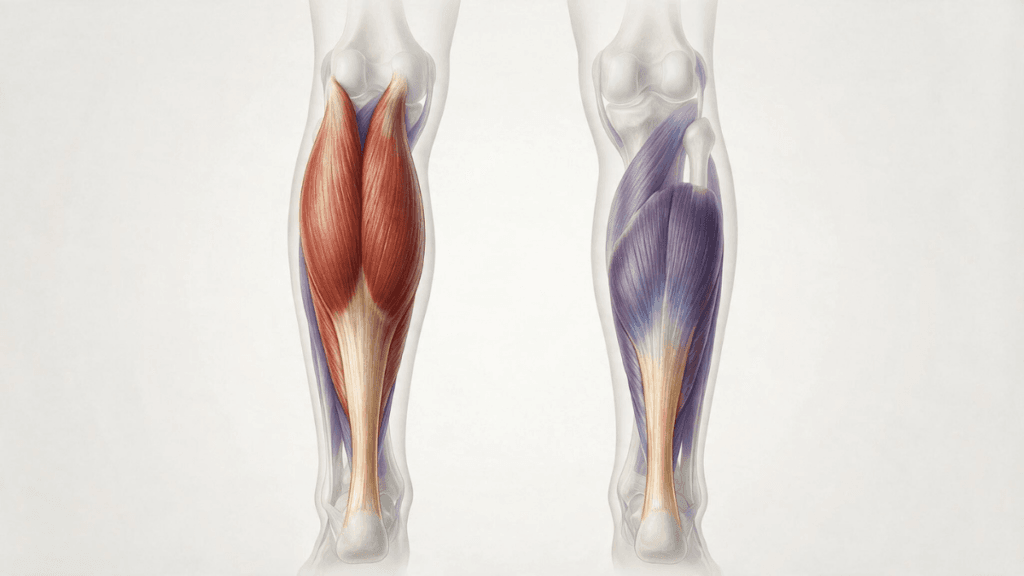 Anatomia da panturrilha mostrando os músculos gastrocnêmio e sóleo e o tendão calcâneo.