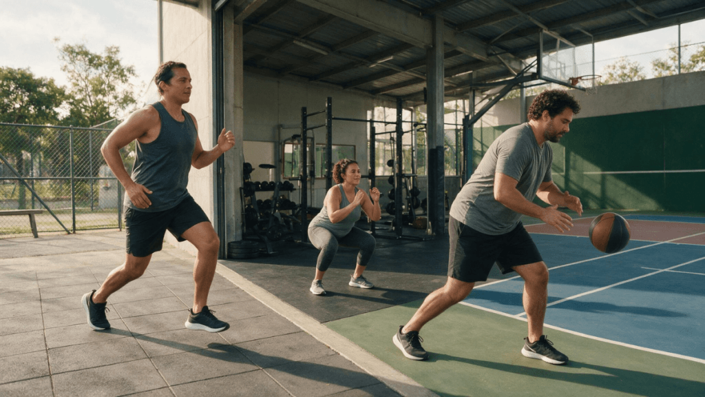 Alongamento antes do exercício previne lesões? 5 Pessoas realizando diferentes formas de aquecimento antes de correr, treinar força e praticar esporte.
