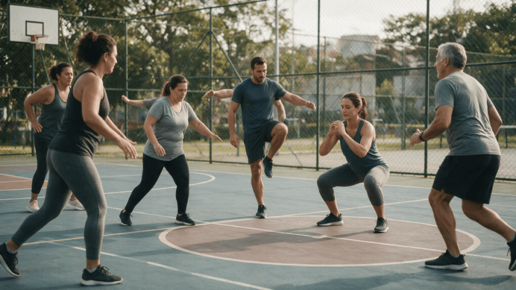 Alongamento antes do exercício previne lesões? 4 Adultos realizando exercícios de equilíbrio, força e aquecimento neuromuscular antes da atividade física.