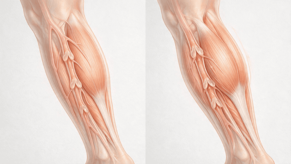 Ilustração da bomba muscular da panturrilha comprimindo as veias e favorecendo o retorno venoso.