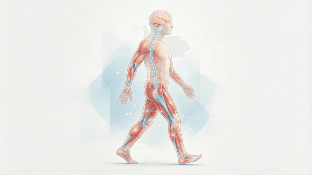 Propriocepção: como o corpo sabe onde está sem olhar? 2 Ilustração do funcionamento da propriocepção entre músculos, sistema nervoso e cérebro.