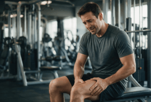 Pessoa com leve dor muscular na coxa após um treino de musculação