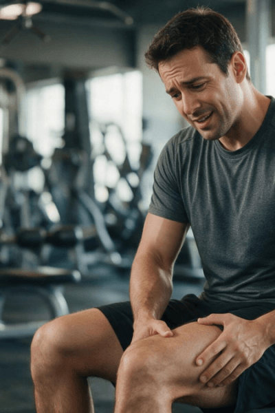 Pessoa com leve dor muscular na coxa após um treino de musculação