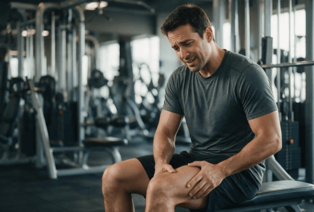 Pessoa com leve dor muscular na coxa após um treino de musculação