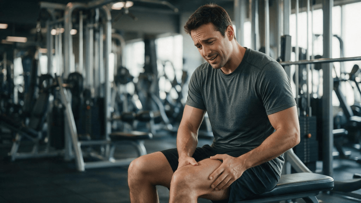 Pessoa com leve dor muscular na coxa após um treino de musculação