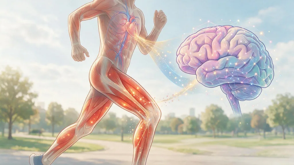 Exercício físico e saúde mental: como se relacionam? 3 Ilustração da relação entre exercício físico, cérebro e neuroplasticidade.