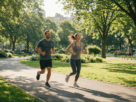 Adultos praticando exercício físico ao ar livre no fim de semana.