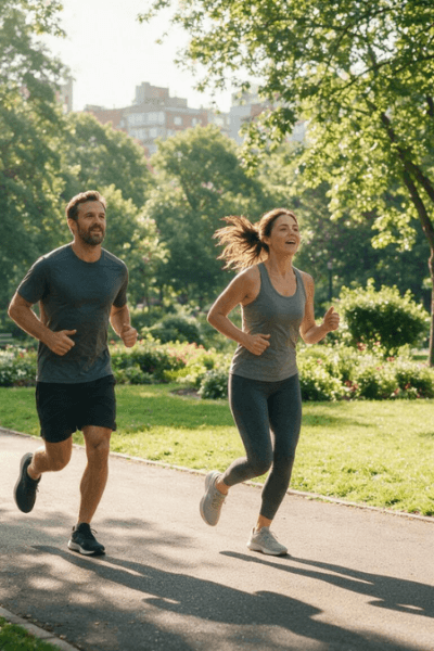 Adultos praticando exercício físico ao ar livre no fim de semana.