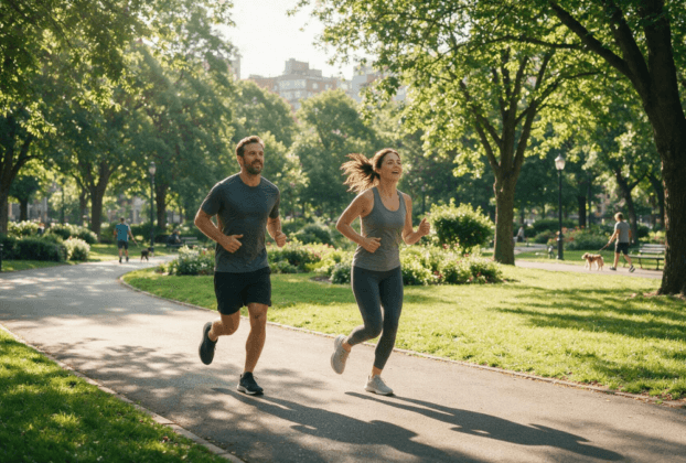 Adultos praticando exercício físico ao ar livre no fim de semana.