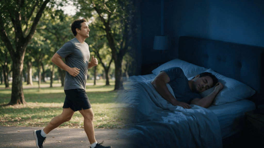 Pessoa praticando exercício físico durante o dia e dormindo durante a noite