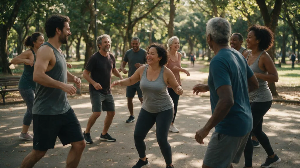 Exercício físico e saúde mental: como se relacionam? 2 Grupo de adultos praticando atividade física juntos em um parque.