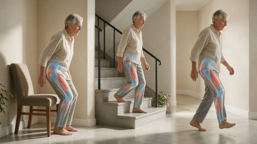 Por que perdemos força muscular com a idade? Entenda o que acontece com o corpo 5 Pessoa idosa levantando da cadeira, subindo escadas e realizando movimento de equilíbrio.