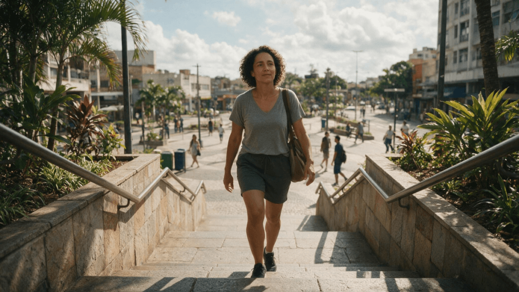 Exercício físico só no fim de semana faz bem? 3 Pessoa caminhando e usando escadas como formas de atividade física no cotidiano.