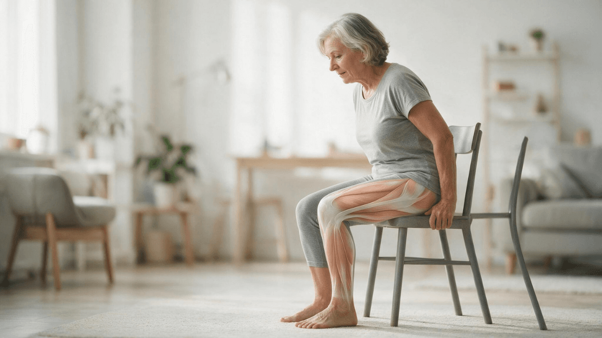 Por que perdemos força muscular com a idade? Entenda o que acontece com o corpo 1 Mulher idosa levantando-se de uma cadeira com destaque para os músculos das pernas.
