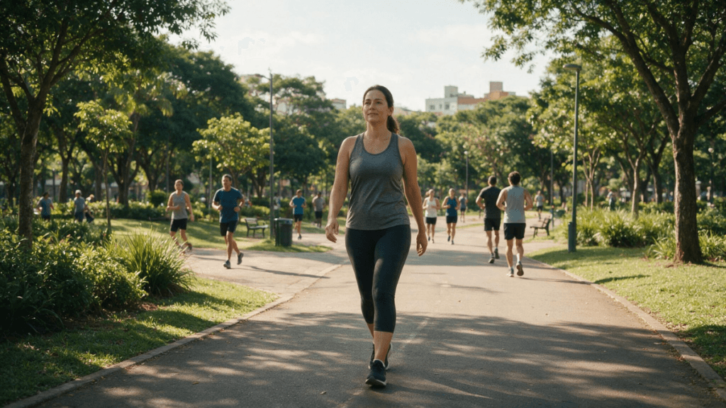 Exercício físico só no fim de semana faz bem? 4 Mulher iniciando exercício físico com caminhada moderada em um parque