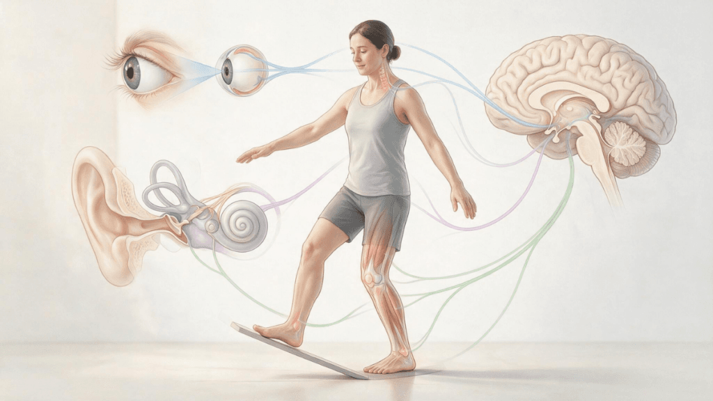 Propriocepção: como o corpo sabe onde está sem olhar? 3 Pessoa em equilíbrio com representação da visão, sistema vestibular e propriocepção.