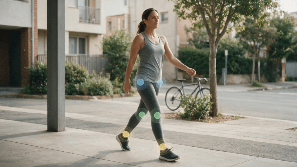 Propriocepção: como o corpo sabe onde está sem olhar? 5 Mulher caminhando sem olhar para os pés, exemplo cotidiano de propriocepção.