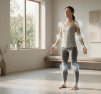 Mulher de olhos fechados demonstrando propriocepção e percepção da posição do corpo.
