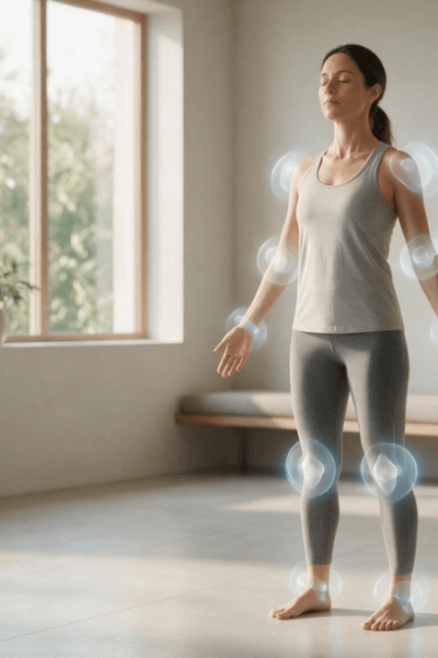 Mulher de olhos fechados demonstrando propriocepção e percepção da posição do corpo.