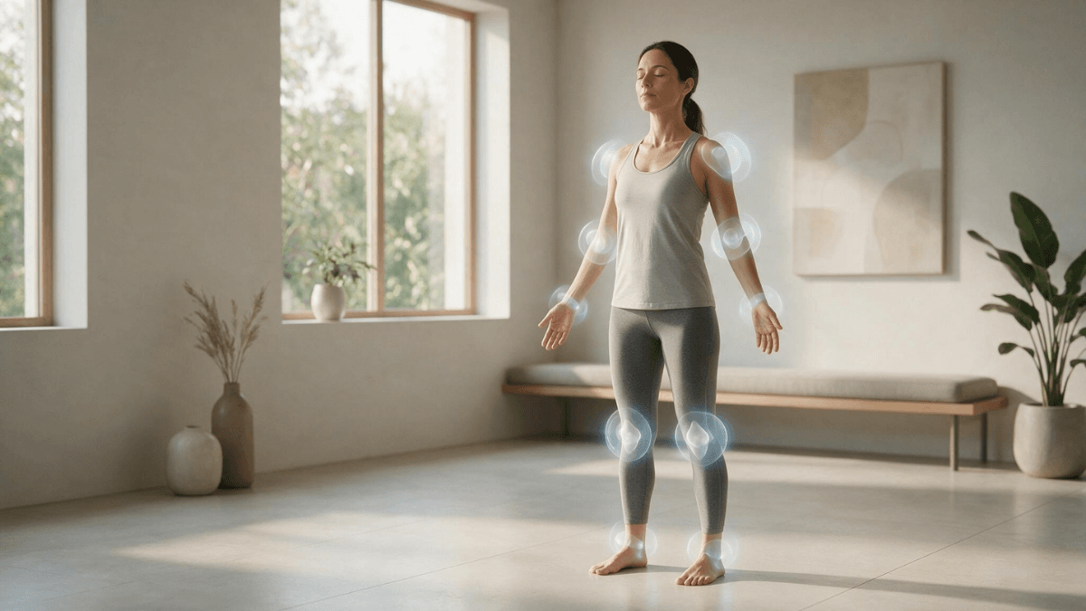 Propriocepção: como o corpo sabe onde está sem olhar? 1 Mulher de olhos fechados demonstrando propriocepção e percepção da posição do corpo.