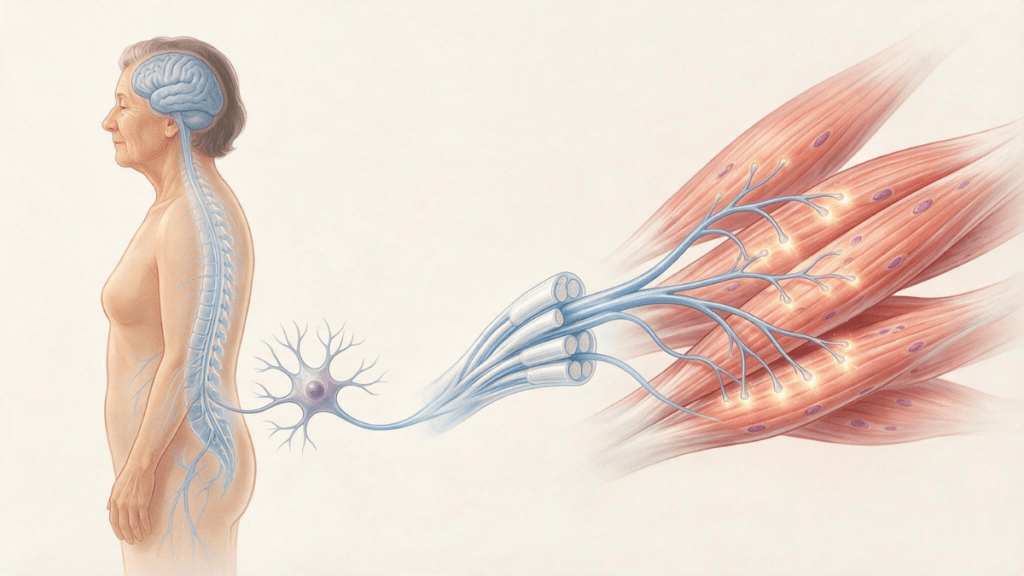 Por que perdemos força muscular com a idade? Entenda o que acontece com o corpo 4 Ilustração da comunicação entre sistema nervoso, neurônio motor e fibras musculares.