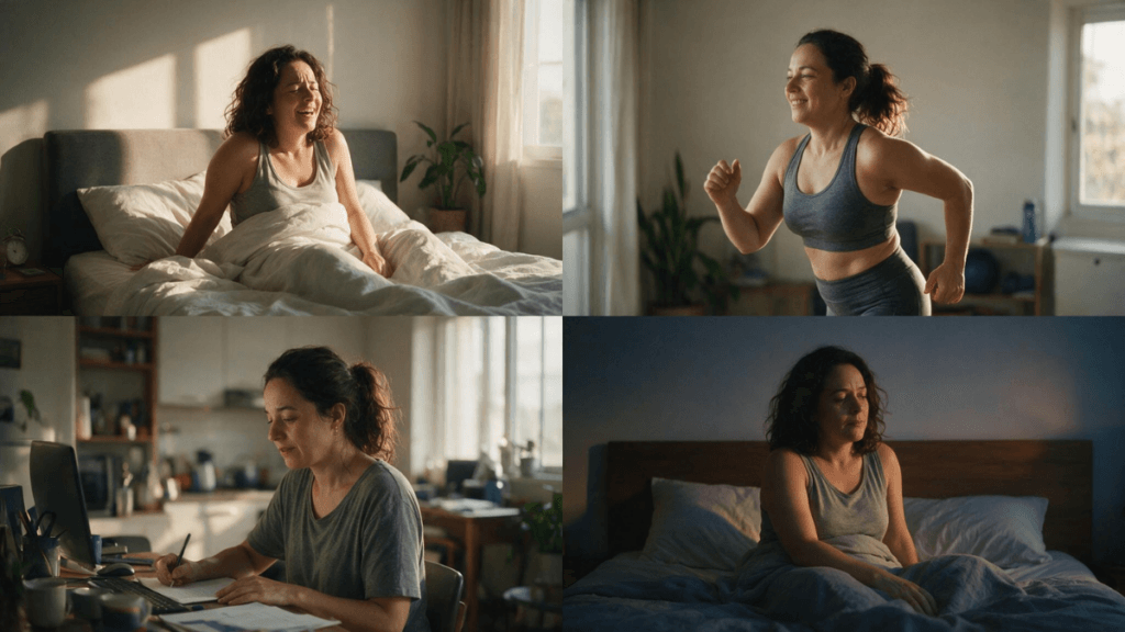 Rotina equilibrada entre sono, exercício físico, trabalho e recuperação ao longo dos dias.