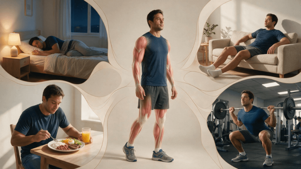 Sono, alimentação, treinamento e descanso como componentes da recuperação após o exercício físico.