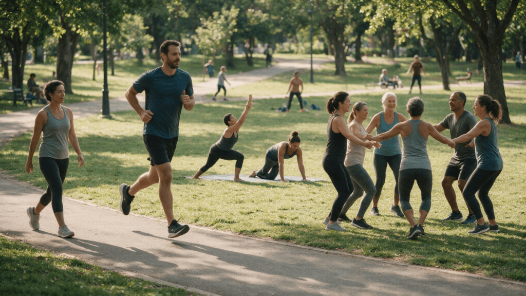 Adultos praticando diferentes tipos de exercício físico e atividades corporais ao ar livre.