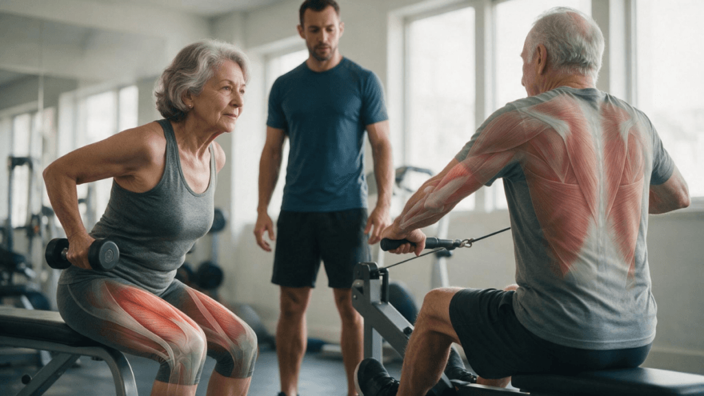 Por que perdemos força muscular com a idade? Entenda o que acontece com o corpo 6 Pessoas idosas realizando treinamento de força supervisionado em ambiente seguro.