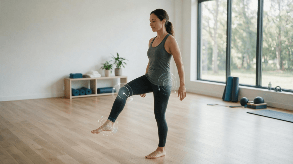 Propriocepção: como o corpo sabe onde está sem olhar? 4 Mulher realizando exercício de equilíbrio com apoio em uma perna.
